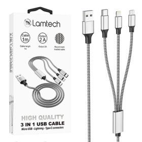 Lamtech High Quality 3 In 1 USB Cable with Metallic Shell Silver 1M