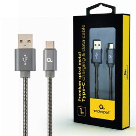 Cablexpert Premium Spiral Metal Type-C USB Charging and Data Cable 1M Metallic Grey Retail Pack