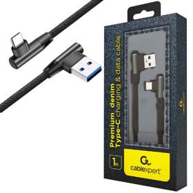 Cablexpert Premium Jeans (Denim) Type-C USB Cable with Metal Connectors 1M Black Angled Retail Pack, CC-USB2J-AMLCML-1M