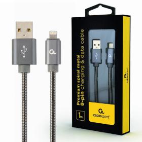 Cablexpert Premium Spiral Metal 8-Pin Charging and Data Cable 1M Metallic Grey Retail Pack, CC-USB2S-AMLM-1M-BG