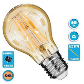 Λάμπα E27 A60 LED Filament 8W 840lm Edison, Μελί Γυαλί Ultra Θερμό Λευκό 2200K Dimmable