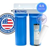 Διπλό Φίλτρο Nερού Κάτω Πάγκου 10" Filtrato WHF12D-USA Παροχή 1/2" Με Ανταλλακτικό Φίλτρο Πολυπροπυλενίου Aquafilter FCPS5 5μm και Ενεργού Άνθρακα Pure LRC 2510-P5 0,5μm