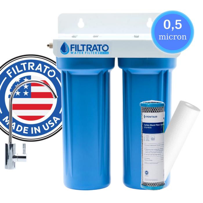 Διπλό Φίλτρο Nερού Κάτω Πάγκου 10" Filtrato WHF14D-USA Παροχή 1/4" Με Ανταλλακτικό Φίλτρο Πολυπροπυλενίου Aquafilter FCPS5 5μm και Ενεργού Άνθρακα Pentair CFB-PB-10 (USA) 0,5μm