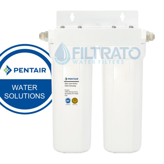 Two Stages Undercounter Filter Housing 10" Pentair 2G Slimline White 1/4" Supply