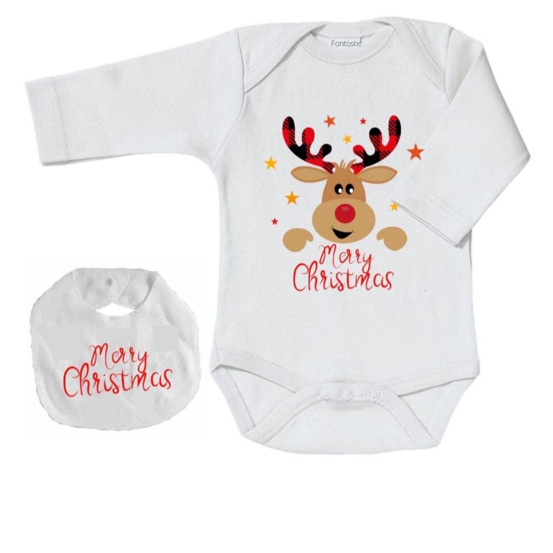 Κορμάκι μακρυμάνικο με σαλιάρα "Christmas Deer" λευκό