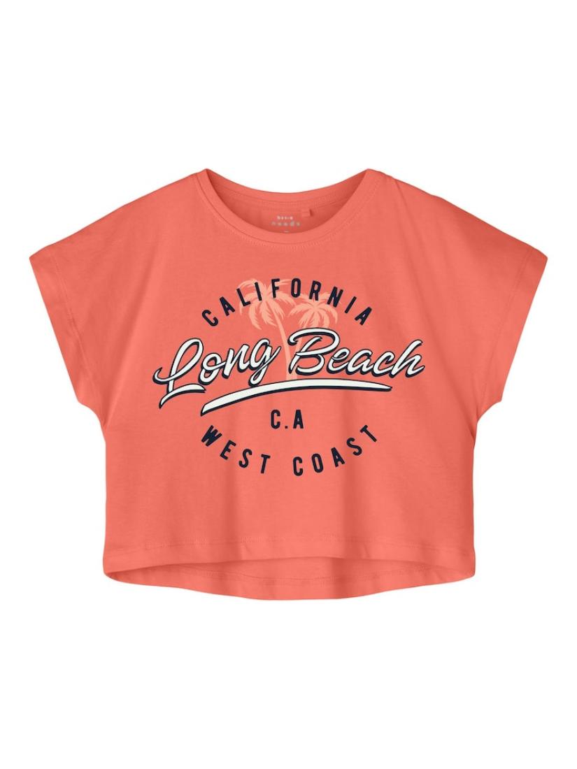 Μπλούζα crop top "Long beach" κοραλί