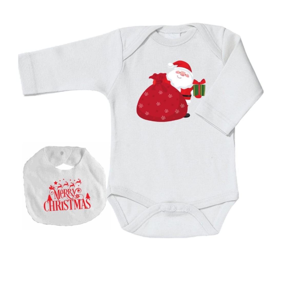 Κορμάκι μακρυμάνικο με σαλιάρα "Santa Claus" λευκό