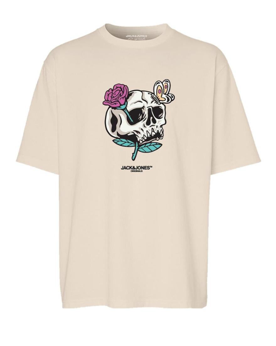 Μπλούζα κοντομάνικη αγόρι "Skull rose and butterfly" εκρού