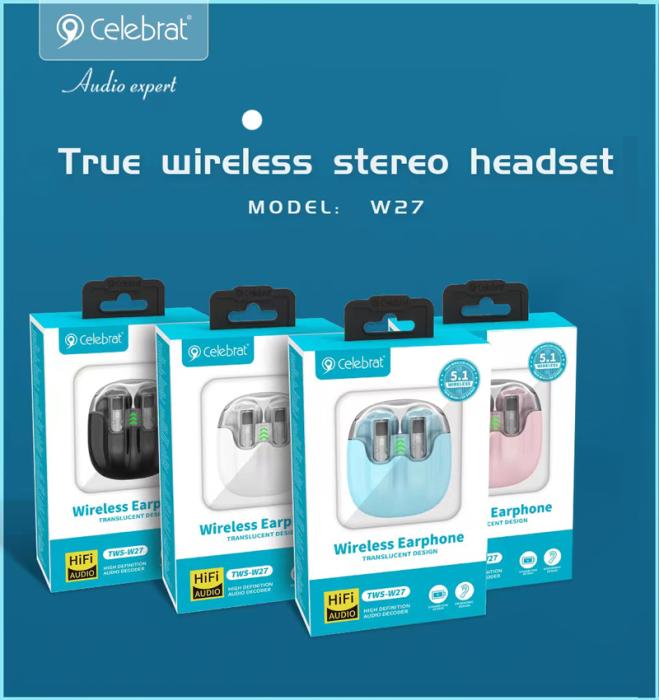 CELEBRAT earphones με θήκη φόρτισης TWS-W27, True Wireless, Φ13mm, μαύρα