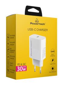 POWERTECH φορτιστής τοίχου PT-1043, USB-C, PD QC3.0, GaN, 30W, λευκός