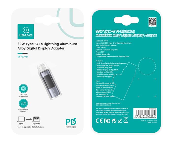 USAMS αντάπτορας Lightning σε USB-C US-SJ681 με οθόνη, 30W, γκρι