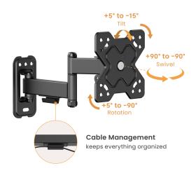 POWERTECH επιτοίχια βάση τηλεόρασης PT-1278, 13-32", έως 20kg, full motion