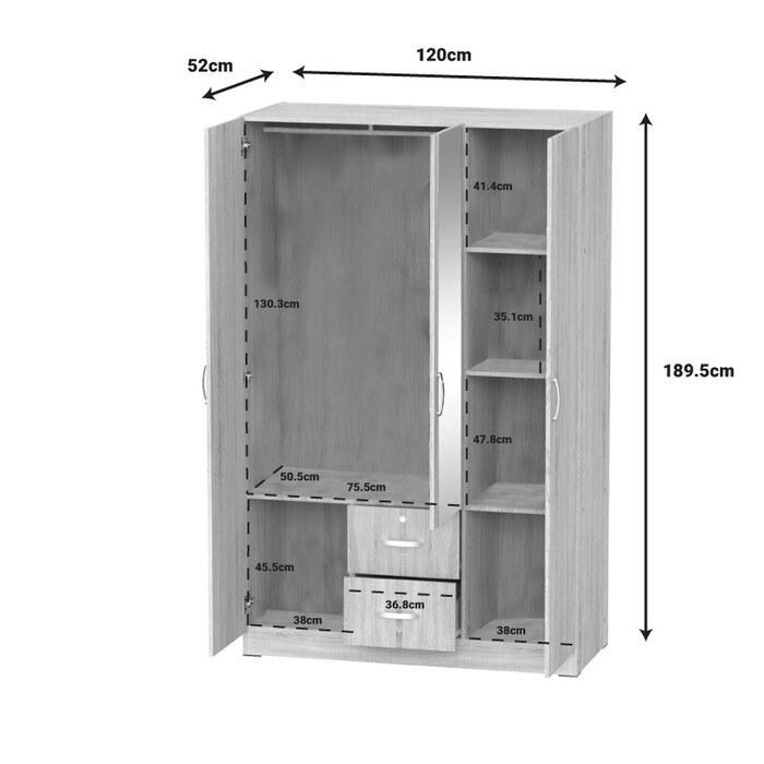 Ντουλάπα ρούχων τρίφυλλη Dillion  sonoma μελαμίνης 120x52x190εκ