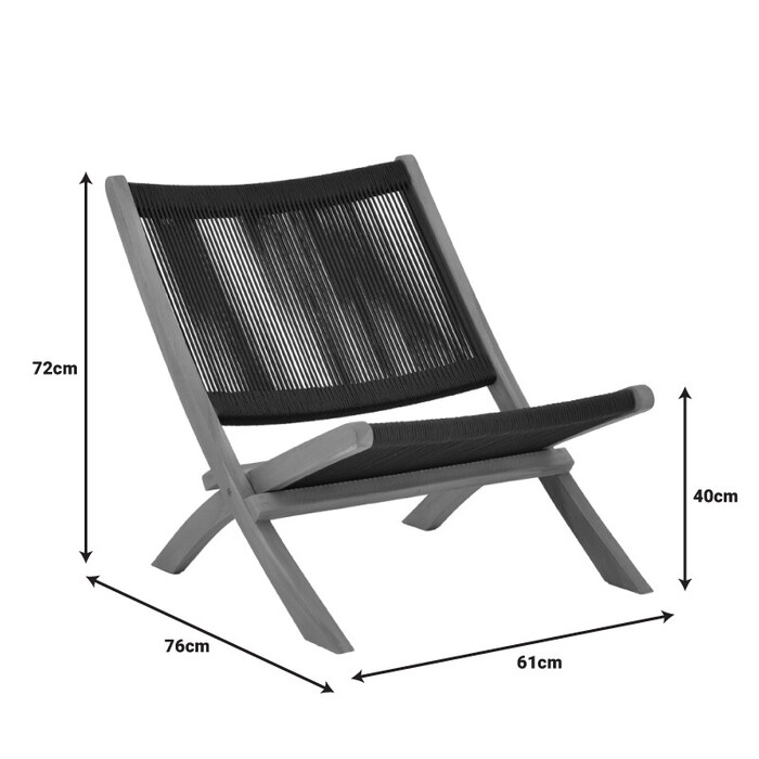 Πολυθρόνα Seeal  πτυσσόμενη teak ξύλο και pe σχοινί σε μαύρη απόχρωση 61x76x72εκ