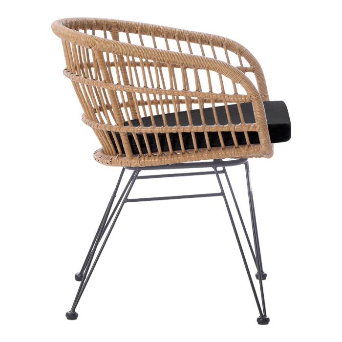 Πολυθρόνα Naoki  με μαξιλάρι pe rattan σε φυσική απόχρωση και μαύρα μεταλλικά πόδια 63x61x79εκ