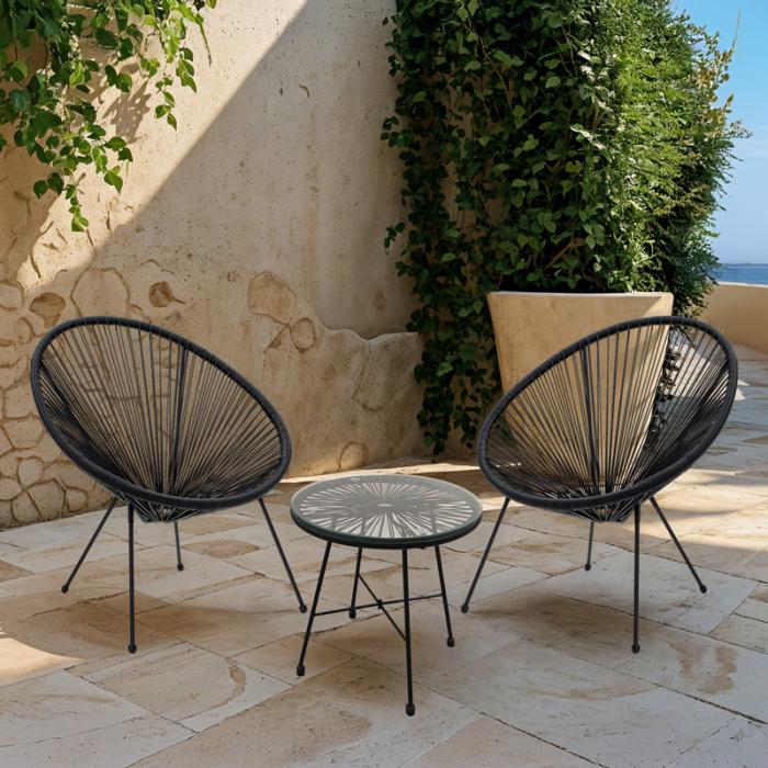 Σαλόνι κήπου Acapulco σετ 3τεμ μαύρο μέταλλο-μαύρο rattan-γυαλί Φ50x50εκ