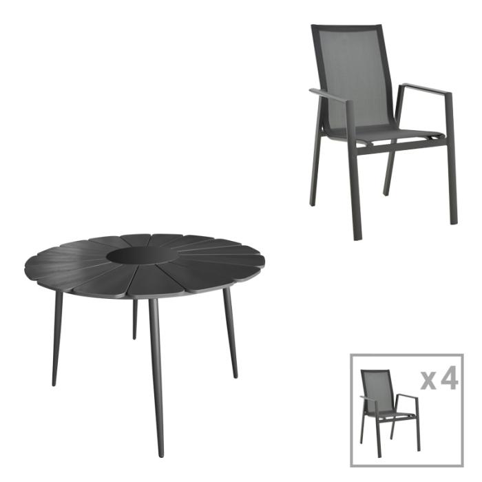 Τραπεζαρία Pinap-Dashiell σετ 5τεμ μαύρο αλουμίνιο και plywood σε μαύρη απόχρωση Φ110x74εκ