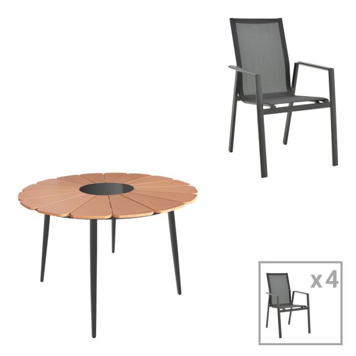 Τραπεζαρία Pinap-Dashiell σετ 5τεμ μαύρο αλουμίνιο και plywood σε φυσική απόχρωση Φ110x74εκ