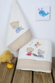 ΠΕΤΣΕΤΑ ΣΕΤ 2 τεμ bebe HAPPY BEARS 22 30X50,70X140 ΕΚΡΟΥ/ΜΠΕΖ Cotton 100%