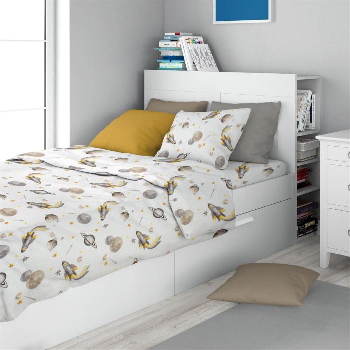 Σεντόνια Εμπριμέ Σετ 2 τεμ kids Space Mission 183 160X240 White-Grey 100% Cotton