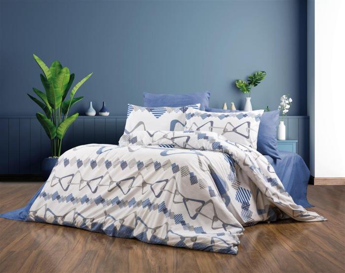 Σεντόνια Εμπριμέ Σετ 3 τεμ Δαρεία 489 160X240 White-Blue 70/30 Cott/Pol