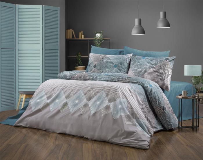 Παπλωματοθήκη Εμπριμέ Καλλιρόη 605 160X240 Grey-Petrol 70/30 Cott/Pol