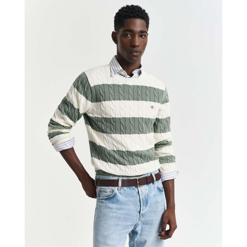 Striped Cotton Cable Knit Crew Neck Sweater - 3G8050605 - GANT