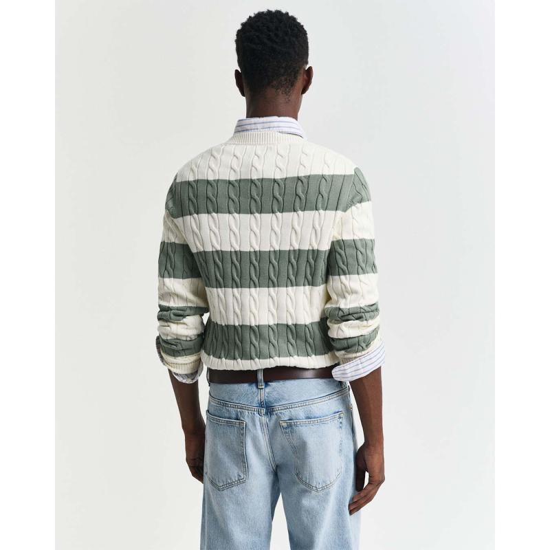 Striped Cotton Cable Knit Crew Neck Sweater - 3G8050605 - GANT