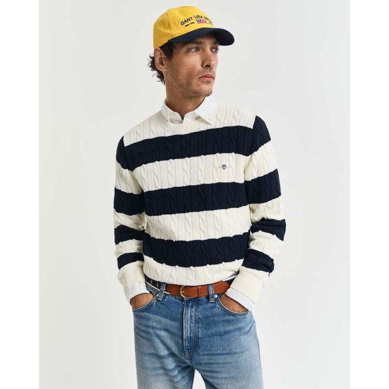 Striped Cotton Cable Knit Crew Neck Sweater - 3G8050605 - GANT