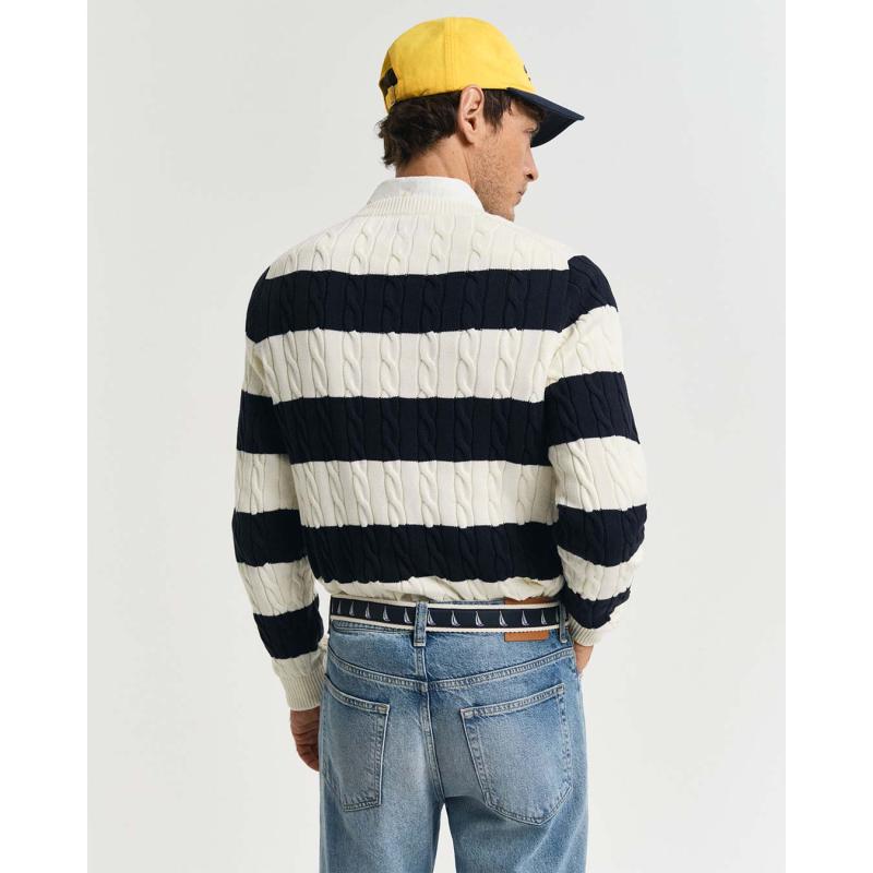 Striped Cotton Cable Knit Crew Neck Sweater - 3G8050605 - GANT