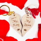 Χειροποίητο ξύλινο μπρελόκ σετ ''Καρδιά My king-My queen'' (HC1099)