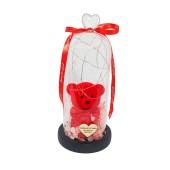 Δώρο Βαλεντίνου φωτιζόμενος γυάλινος θόλος με αρκουδάκι, τριαντάφυλλο και ξύλινη καρδιά (HC1243)