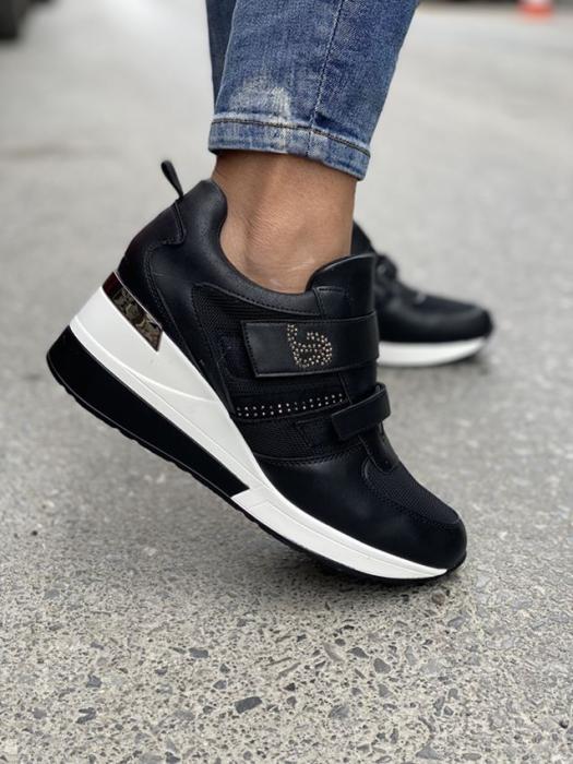 Sneaker πλατφόρμα με στρας και σκρατς κούμπωμα μαύρο H9022