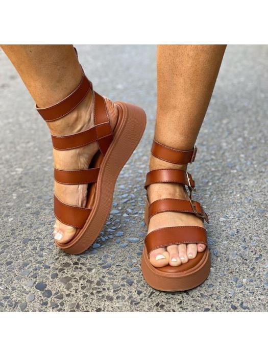Flatform σανδάλια με λουράκια και τόκες κάμελ Y2056