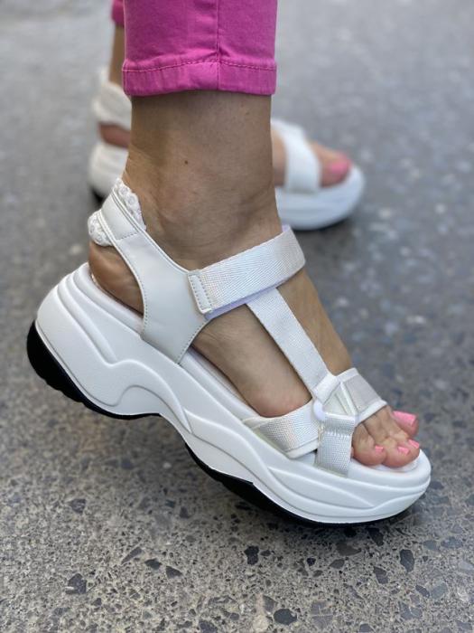 Flatform δίσολο σανδάλι με δερμάτινα κ υφασμάτινα λουριά άσπρο Y8028