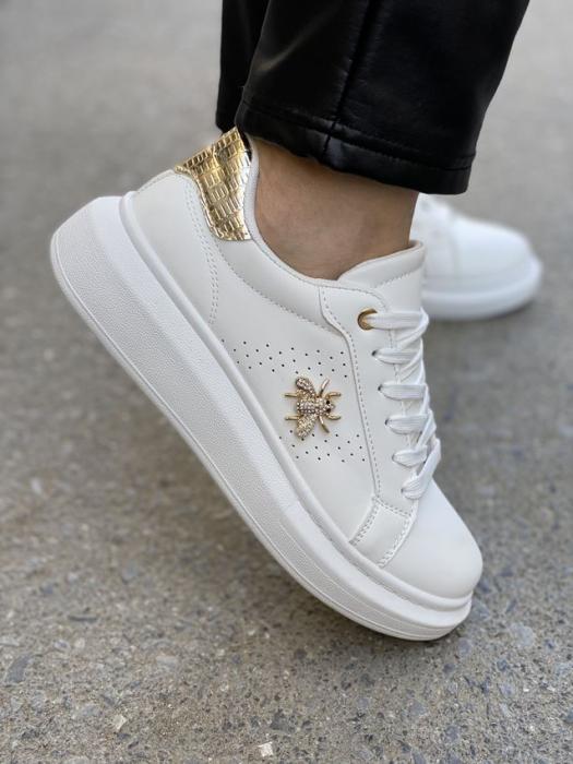 Sneaker δίσολο με αγκράφα και χρυσές λεπτομέρειες άσπρο-χρυσό C680