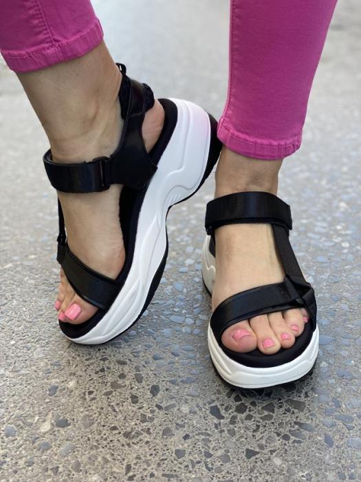 Flatform δίσολο σανδάλι με δερμάτινα κ υφασμάτινα λουριά μαύρο Y8028