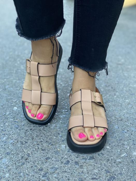 Μπέζ σκούρο flatform σανδάλι με χοντρά λουράκια 8061