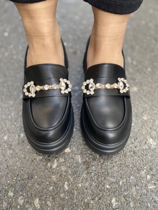 Loafer δερματίνη με αγκράφα από πετράδια μαύρο CH833