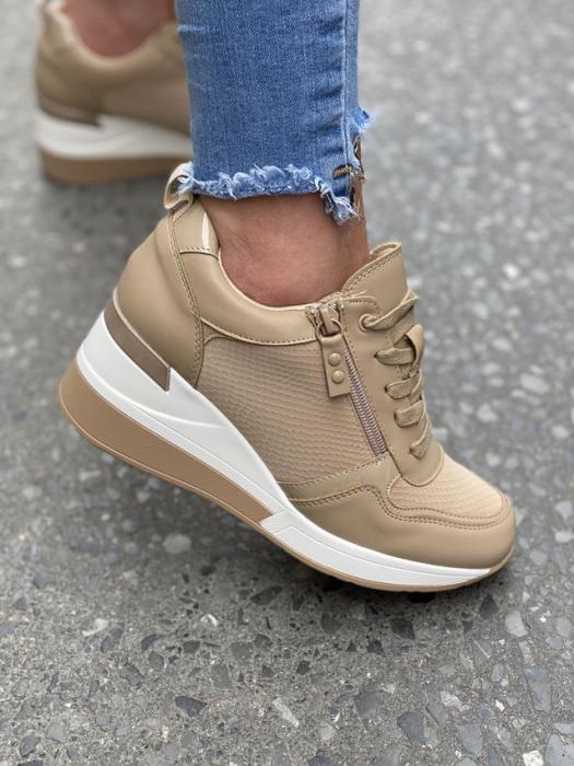 Sneaker με πλατφόρμα και κροκό λεπτομέρεια σκούρο μπεζ H9060