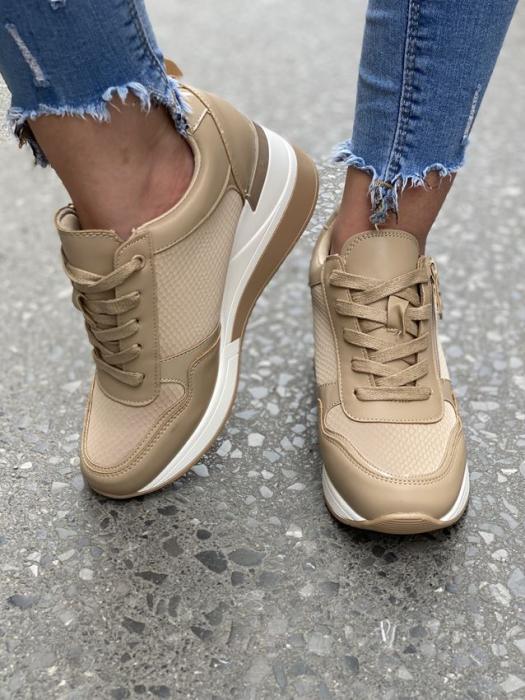 Sneaker με πλατφόρμα και κροκό λεπτομέρεια σκούρο μπεζ H9060
