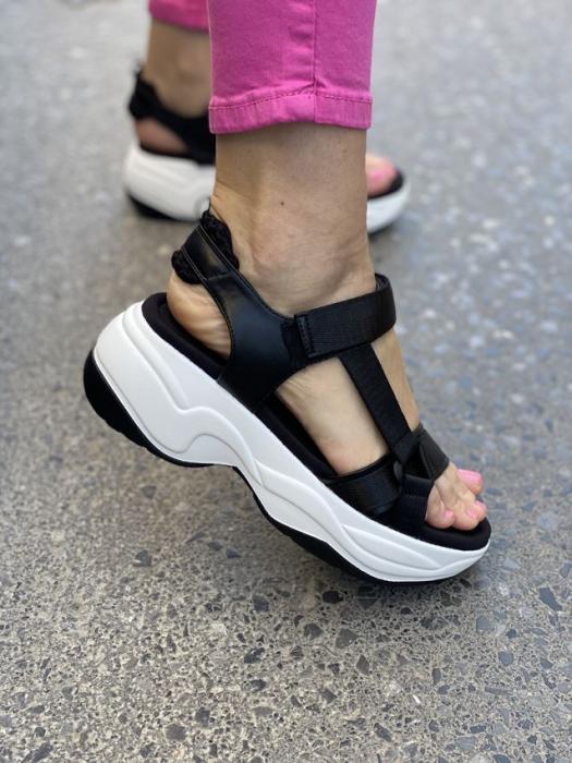 Flatform δίσολο σανδάλι με δερμάτινα κ υφασμάτινα λουριά μαύρο Y8028