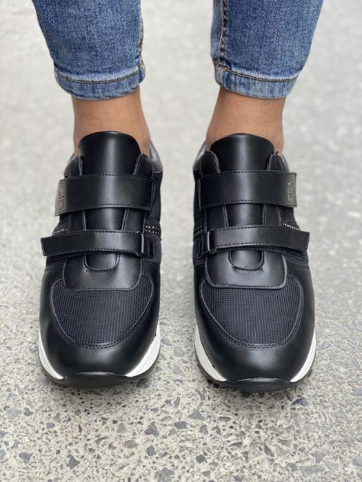 Sneaker πλατφόρμα με στρας και σκρατς κούμπωμα μαύρο H9022