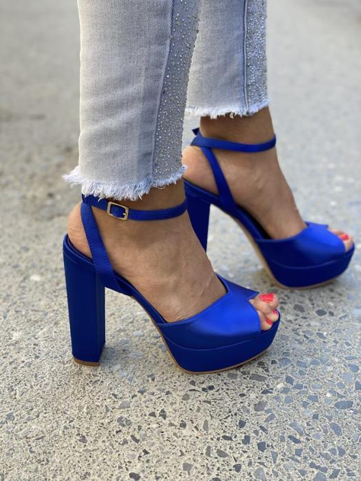 Πέδιλο σατινέ peep-toe με χοντρό τακούνι και λουράκι μπλε NW150