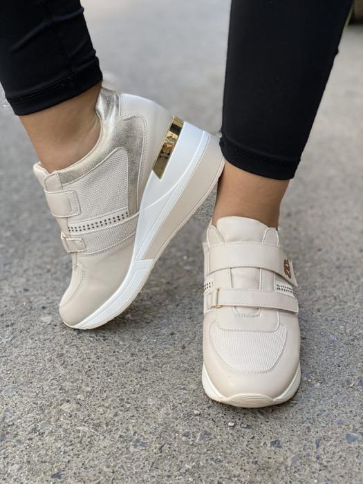 Sneaker πλατφόρμα με στρας και σκρατς κούμπωμα μπέζ H9022