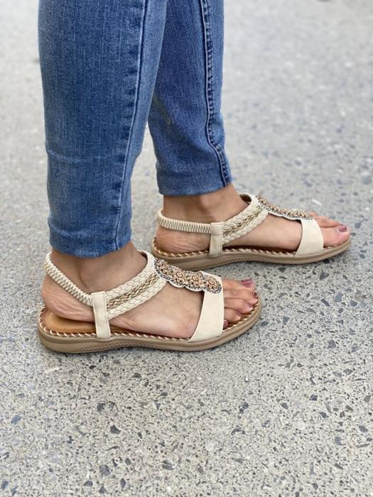 Σανδάλι flat με διακοσμητικά στρας μπεζ JSZ28