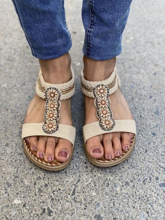 Σανδάλι flat με διακοσμητικά στρας μπεζ JSZ28