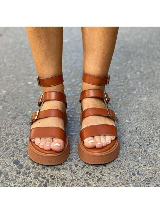 Flatform σανδάλια με λουράκια και τόκες κάμελ Y2056