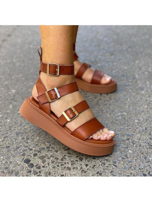 Flatform σανδάλια με λουράκια και τόκες κάμελ Y2056