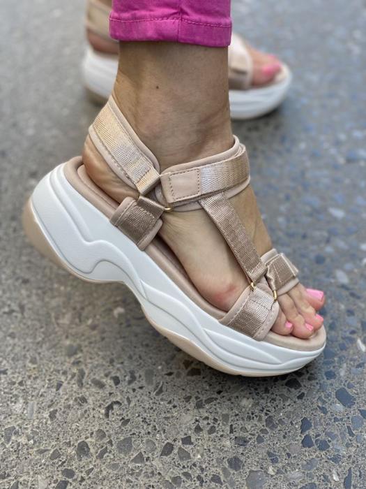 Flatform δίσολο σανδάλι με ρυθμιζόμενα υφασμάτινα λουριά μπέζ Y8029